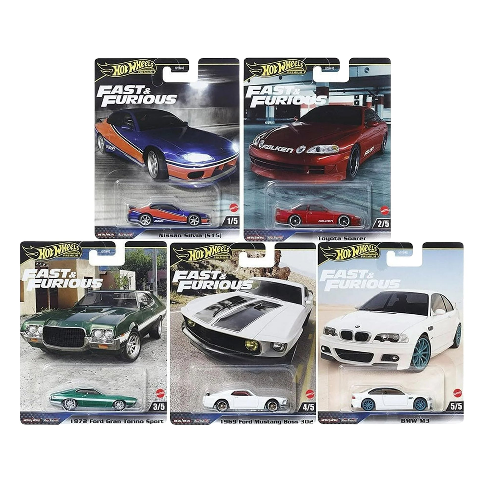 Hot Wheels 2024 Fast & Furious Premium Die?Cast 5?Pack (Mix 2, HNW46?956F) | Nissan Silvia S15, Toyota Soarer, Ford Gran Torino, Mustang Boss 302