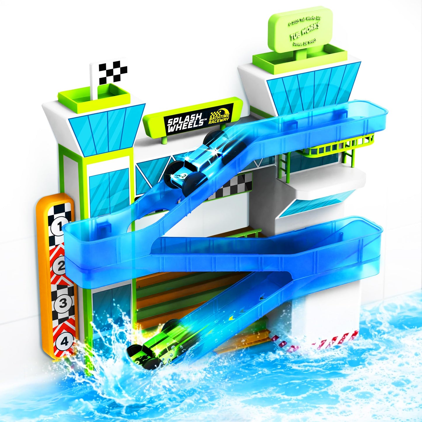 Tub Works® Splash Wheels™ Bathtime Raceway Car Ramp Toddler Bath Toy | Race Car Track with 2 Water-Activated Light-Up Racers | Light Up Bath Toys