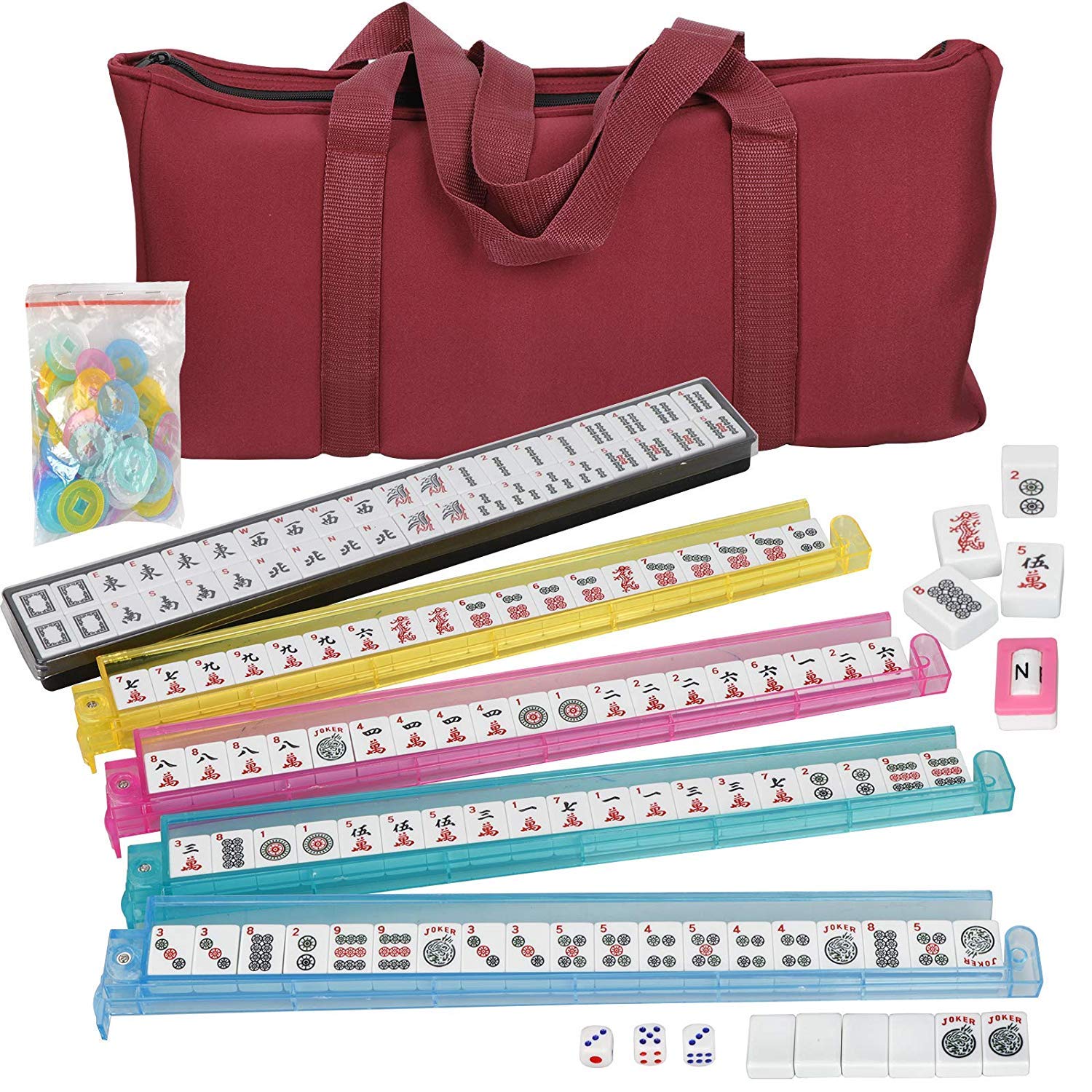 HNDTEK American Mahjong Set 166 Tiles, 4 Colors All-in-One Rack/Pushers, Red Soft Bag and Accessories -Classic Full Size Complete Mahjong Set.