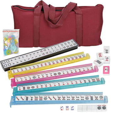 HNDTEK American Mahjong Set 166 Tiles, 4 Colors All-in-One Rack/Pushers, Red Soft Bag and Accessories -Classic Full Size Complete Mahjong Set.