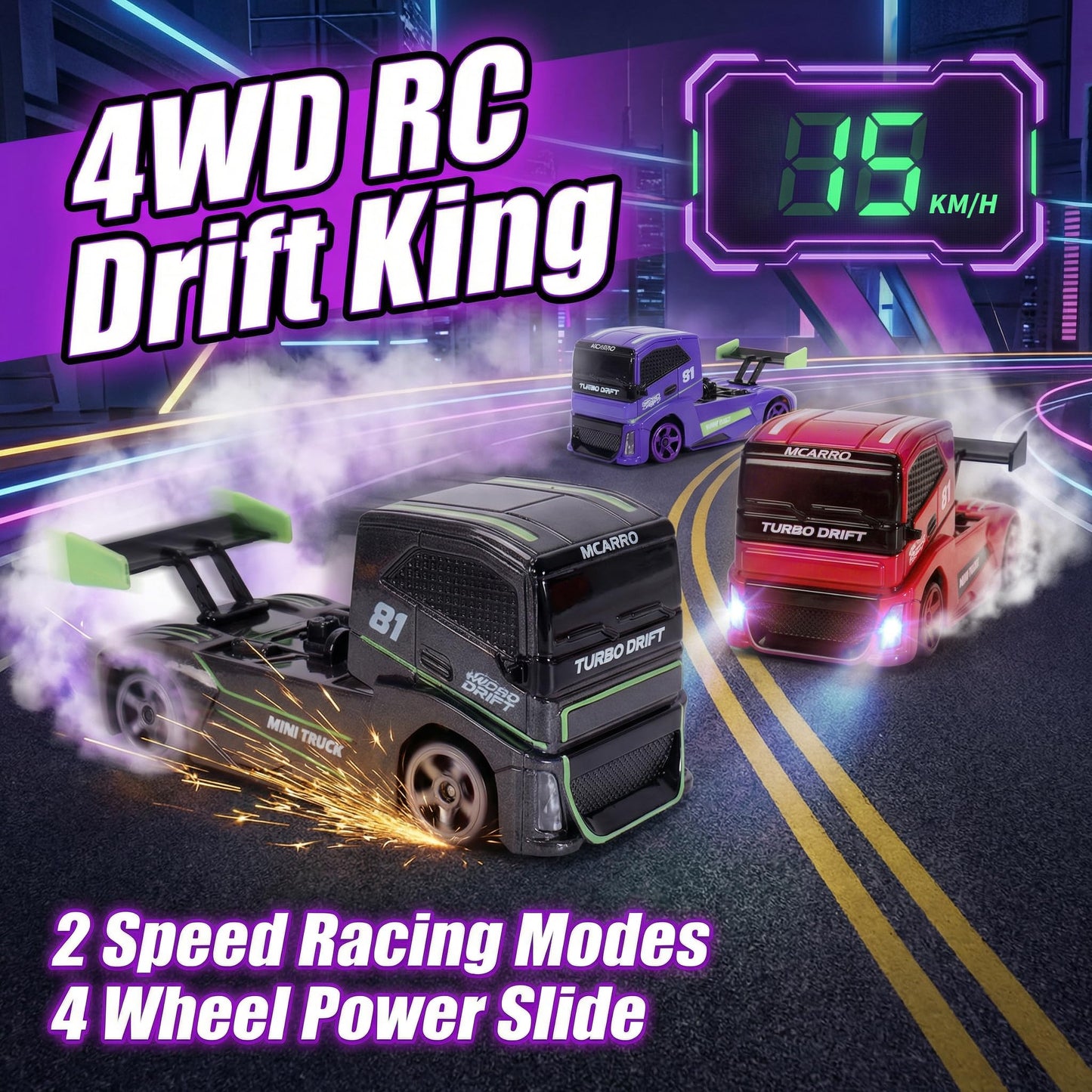 MCARRO 1/87 Scale Drift Rc Car - Semi-Truck Edition | 2.4GHz 4WD High-Speed Mini Remote Control Truck with Racing Lights (Gray)