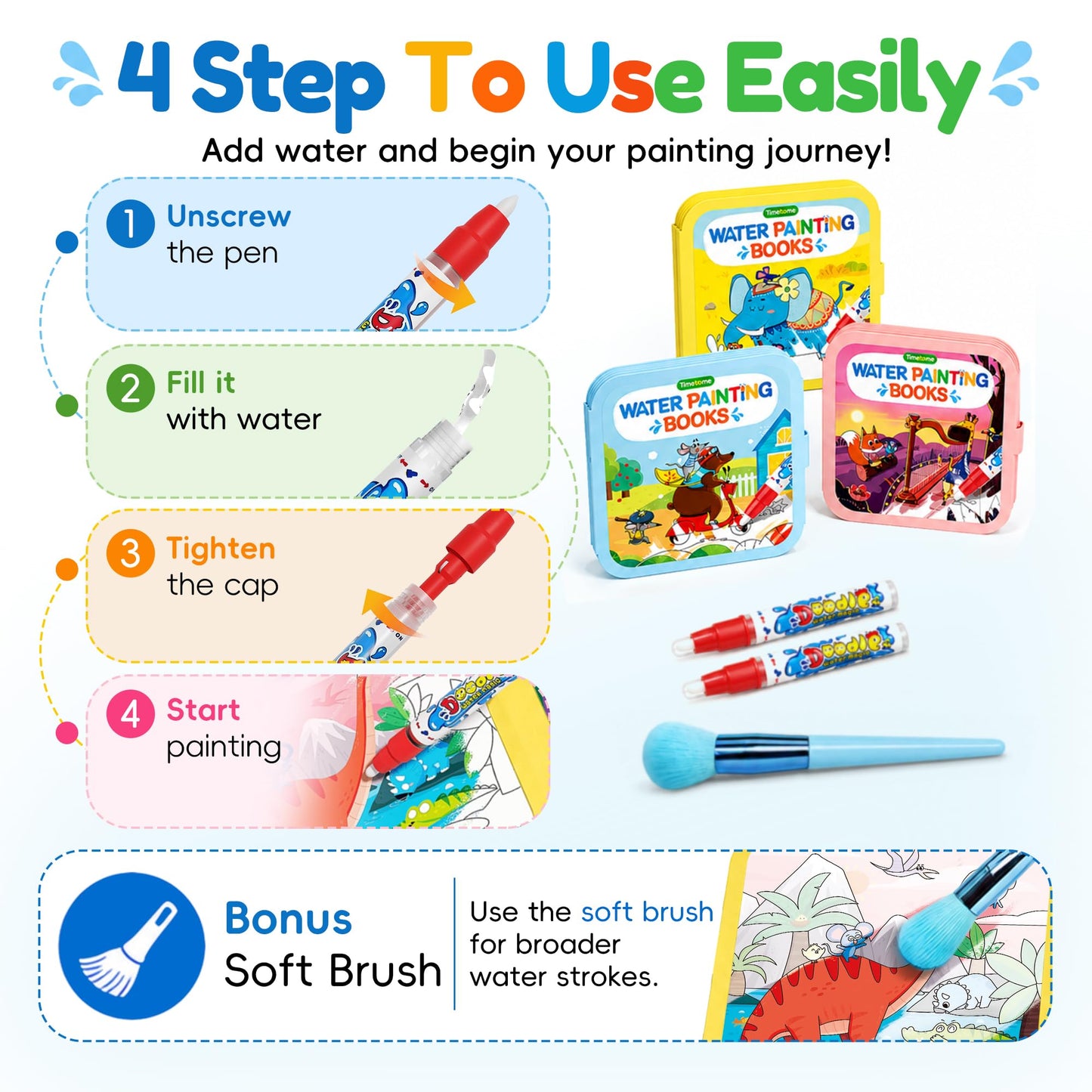 Timetome Water Coloring Book for Kids, 3 Pack Fairy Tale Animal Dinosaur Water Painting Book for Toddlers 1-3, Reusable Water Doodle Book, Montessori