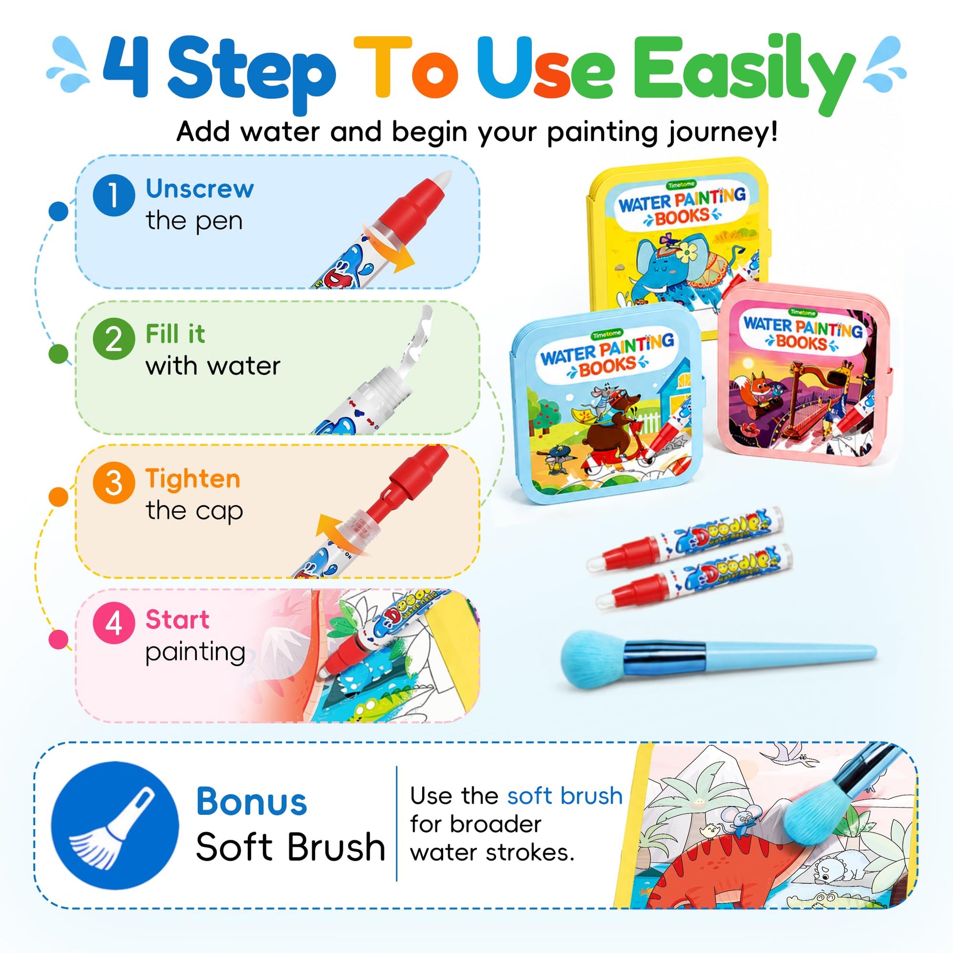 Timetome Water Coloring Book for Kids, 3 Pack Fairy Tale Animal Dinosaur Water Painting Book for Toddlers 1-3, Reusable Water Doodle Book, Montessori
