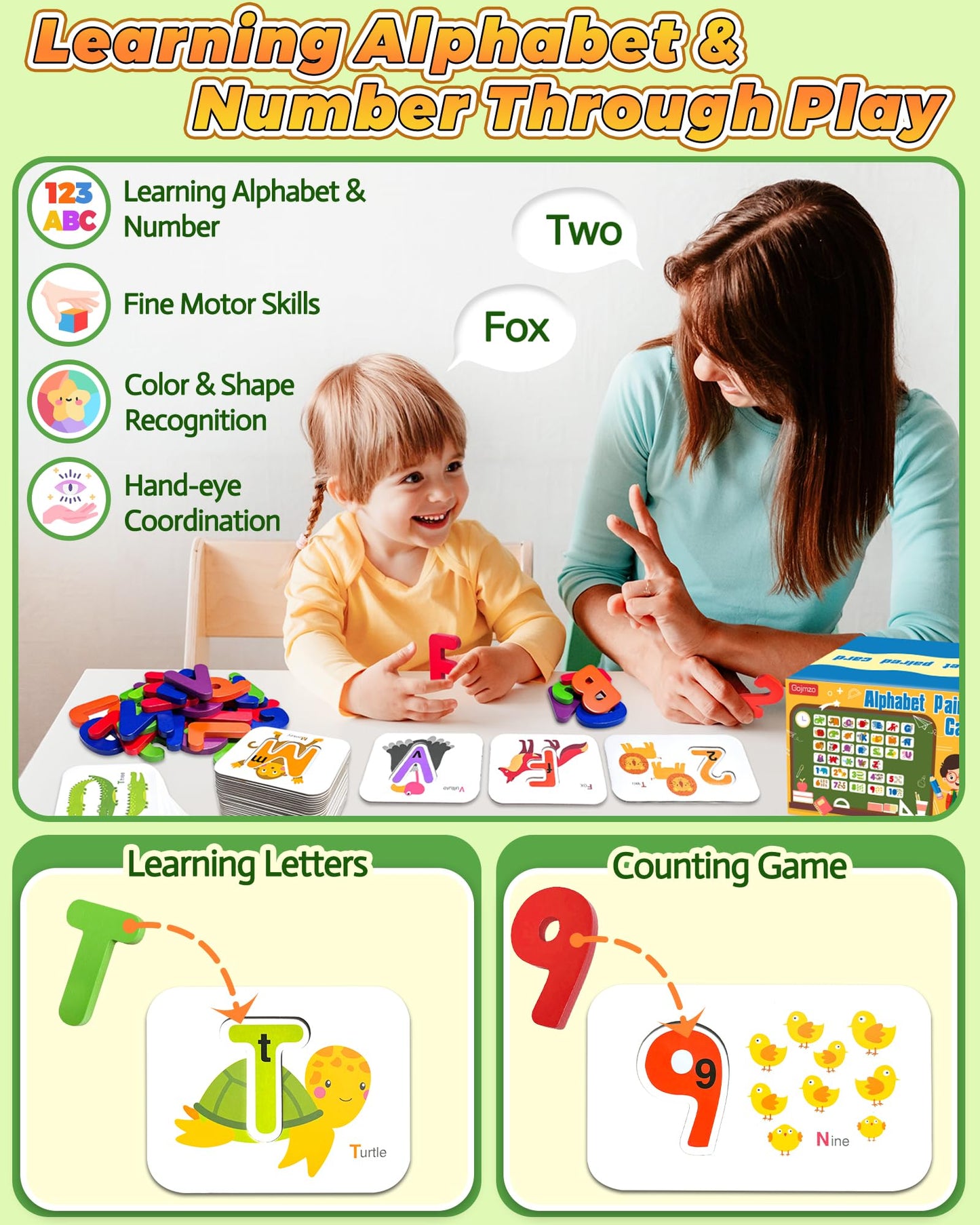 Gojmzo ABC Alphabet Flash Cards, Wooden Letters Number Alphabet Blocks Toys