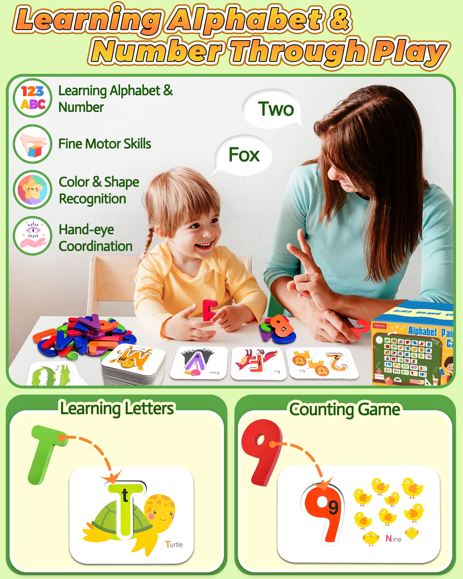 Gojmzo ABC Alphabet Flash Cards, Wooden Letters Number Alphabet Blocks Toys