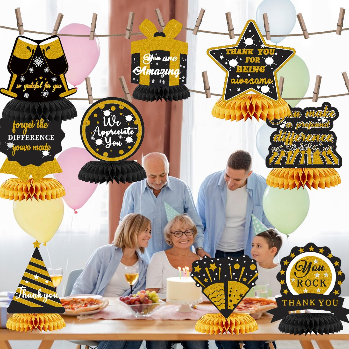 9PCS We Appreciate You Honeycomb Centerpieces Black Gold Glitter Thank You Table Topper Decor Teacher Doctor Nurse Employee Staff Graduation