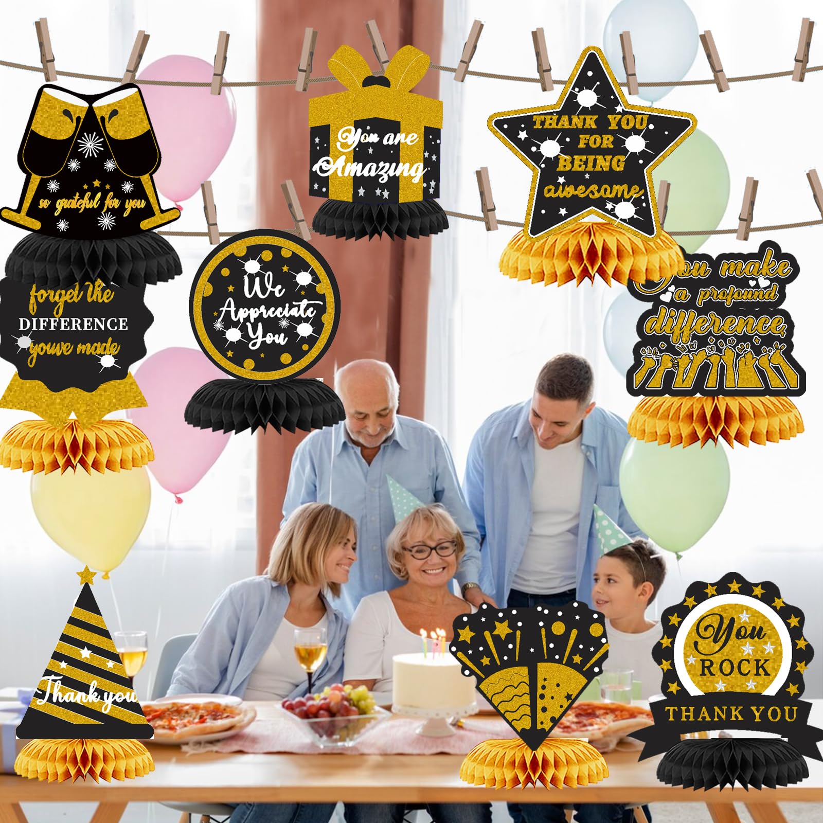 9PCS We Appreciate You Honeycomb Centerpieces Black Gold Glitter Thank You Table Topper Decor Teacher Doctor Nurse Employee Staff Graduation