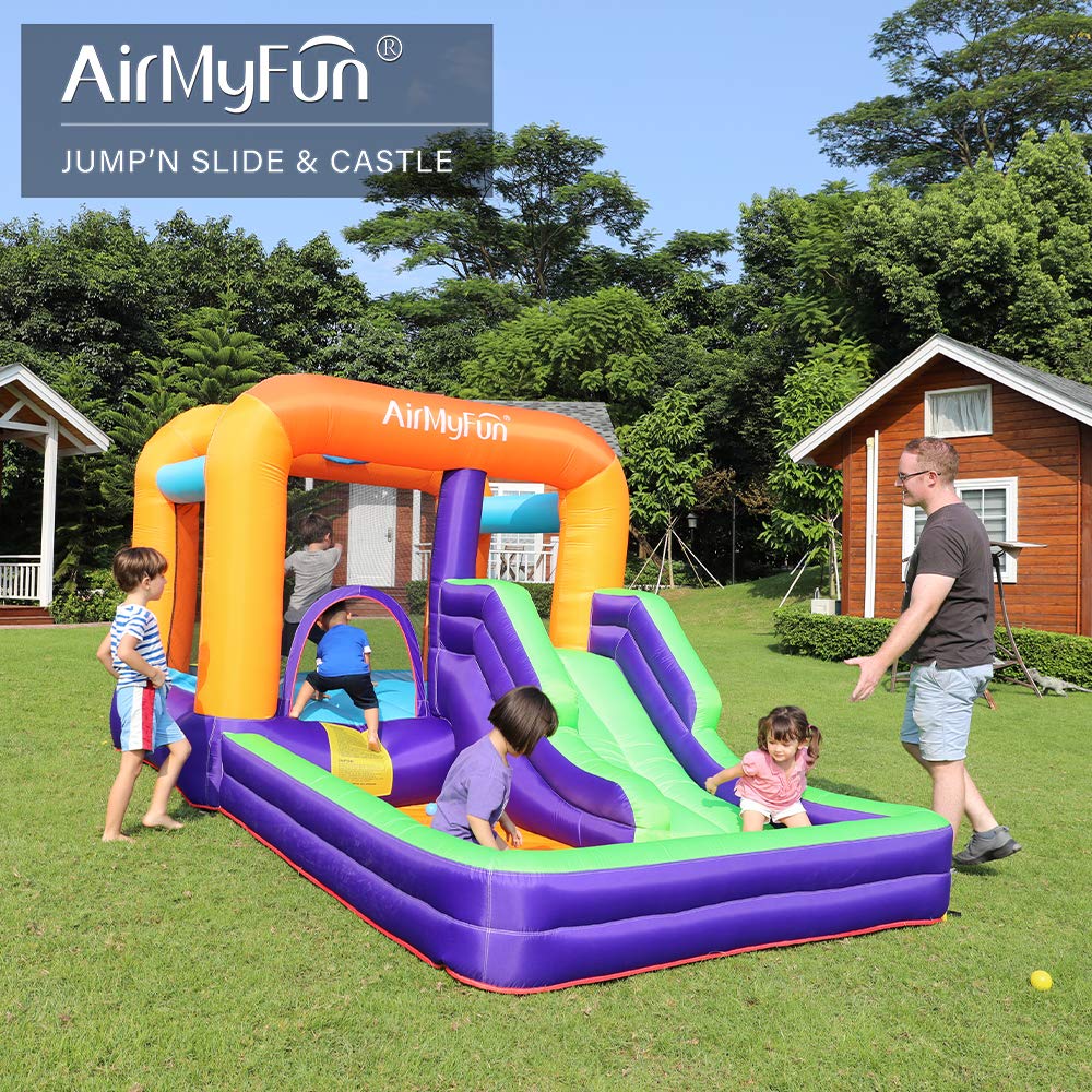 AirMyFun Inflatable Bounce House, Obstacles Bouncer & Slide with Air Blower (Purple Style)