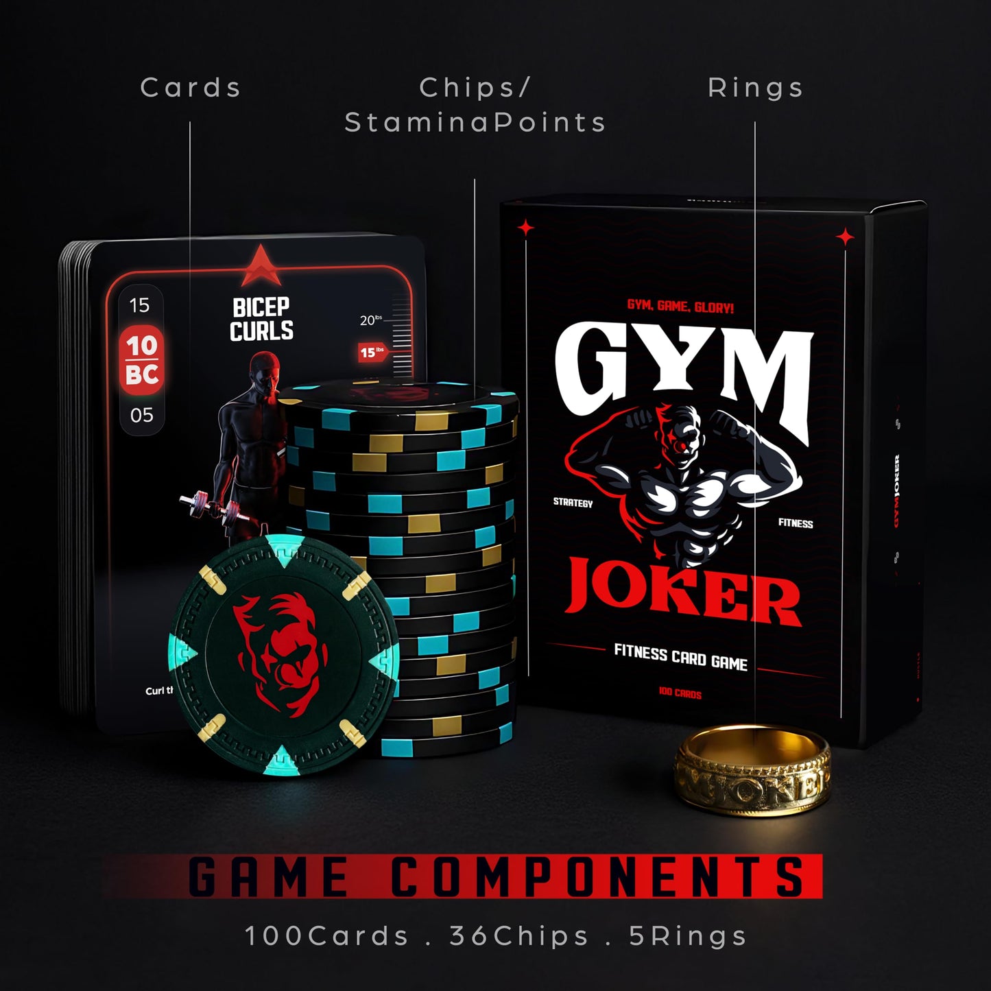 GymJoker Fitness Card Game - Fun Workout Challenge Deck with Chips & Rings | Turn Exercise into Competitive Gym Games | Perfect for Group Workouts