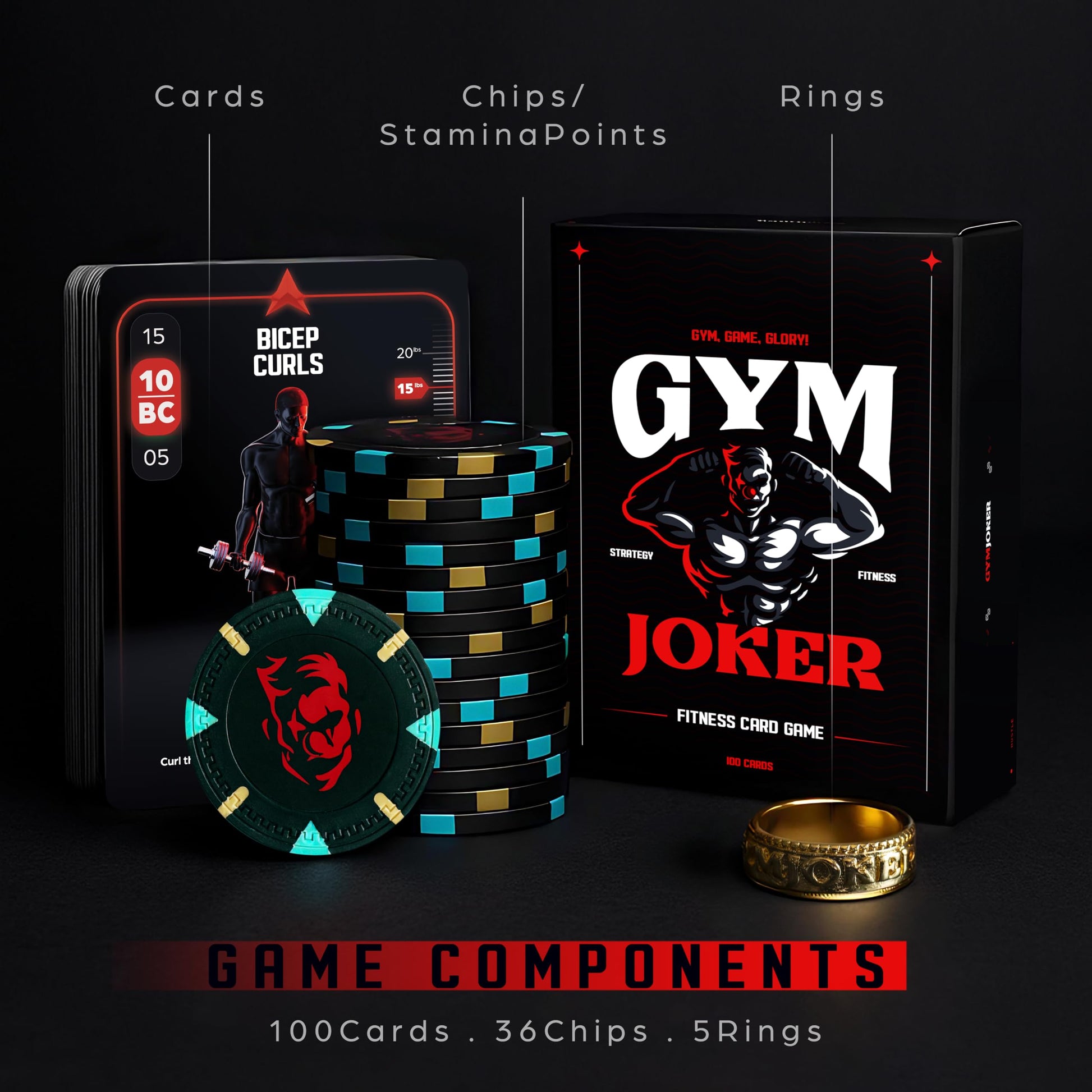 GymJoker Fitness Card Game - Fun Workout Challenge Deck with Chips & Rings | Turn Exercise into Competitive Gym Games | Perfect for Group Workouts