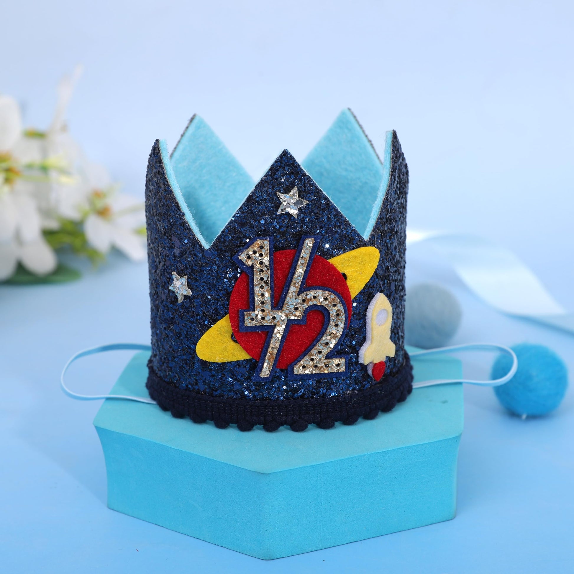 LINGANA Outer Space 1/2 Birthday Crown - Planet Half Way to One Birthday Decorations,Dark Blue Glitter Space Party Crown,Little Astronaut 6 Month