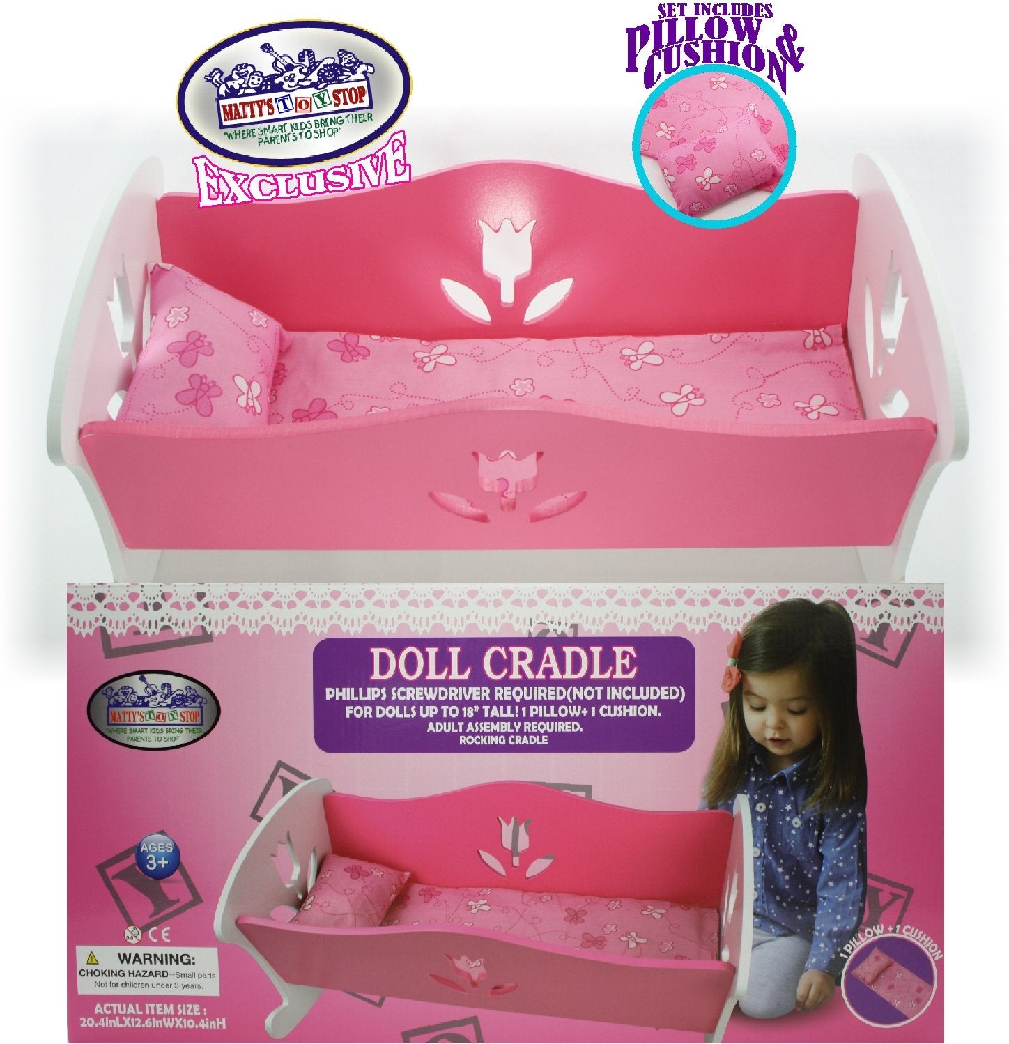 Matty's Toy Stop 18 Inch Doll Furniture Wooden Doll Rocking Cradle (Crib) with Pink Pillow & Cushion - (18" Pink/White Floral) Fits American Girl