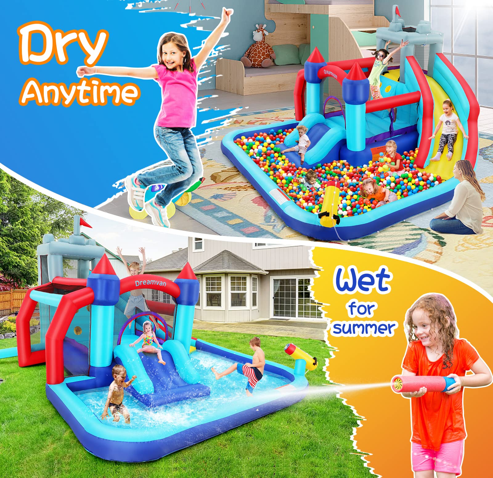 Wesoky Bounce House Water Slide for Kids, 10 in 1 Big Waterslide Inflatable Water Park with Splash Pool Long Slide Sprinkler Blower, Blow up Water