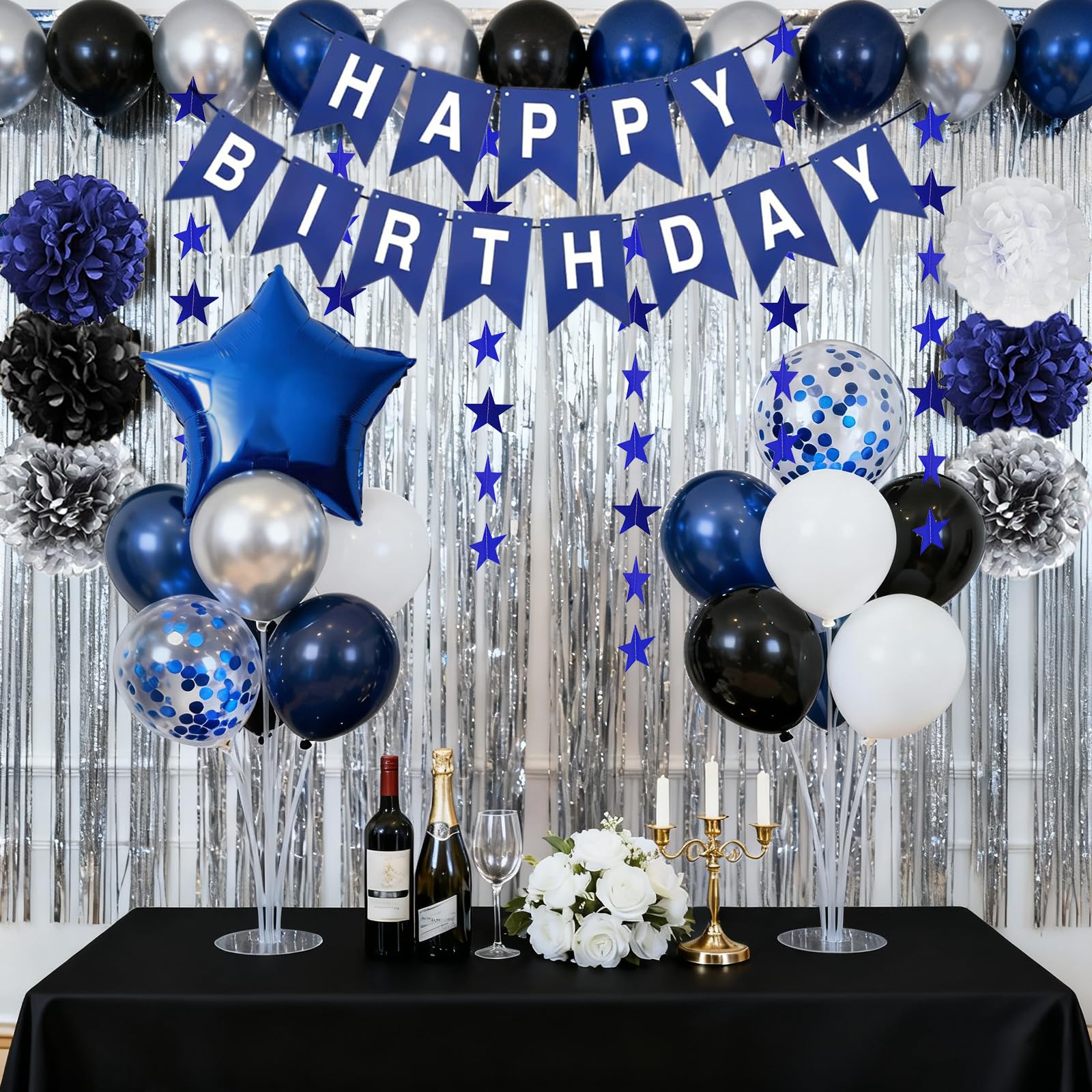 Navy Blue Birthday Decorations for Men Boys, Blue Silver Party Decorations Happy Birthday Banner Fringe Curtains star garland Paper Pom Poms Party
