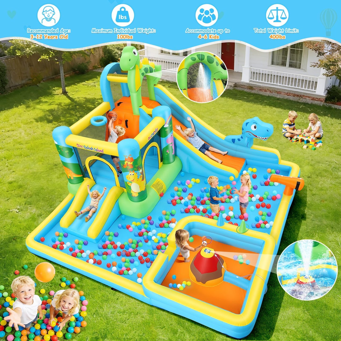 AKEYDIY Inflatable Water Slide Bounce House Combo, Large Bounce House for Kids 3-12, Long & Short Slides, Splash Pool, Boxing Pillar, 550W Blower