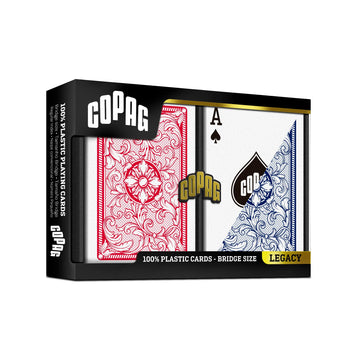 Copag Legacy Design 100% Plastic Playing Cards, Bridge Size (Narrow) Regular Index Red/Blue