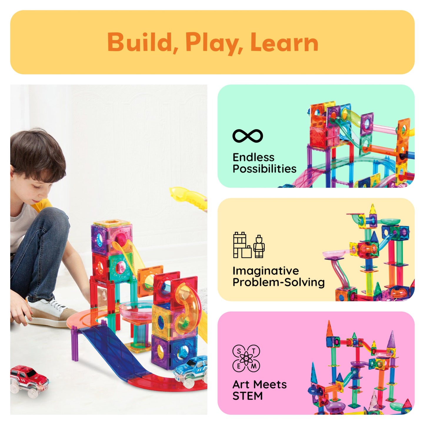 PicassoTiles 108 Pcs Marble Run with Race Track Set with Magnetic Tiles Cars and Marbles STEM Learning Toy 3-in-1 Building Construction Kit for Indoor