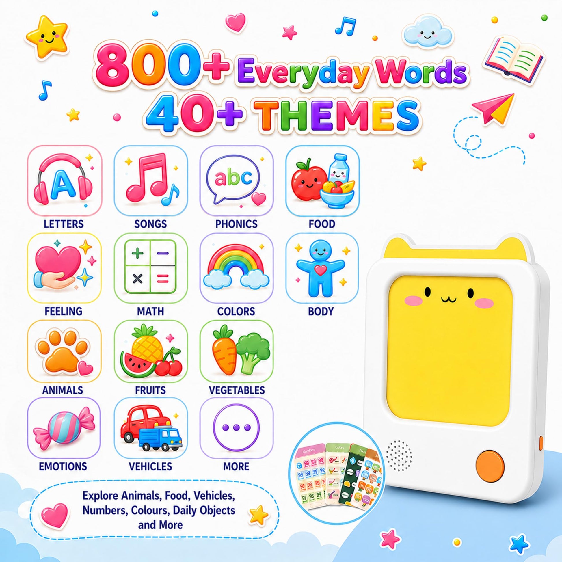 JAESITETER Screen-Free Learning Tablet, Phonics Talking Flash Cards, 84 Pages, 36 Themes, 2800+ Knowledge Points, 500+ Test Library, 300+ Thinking