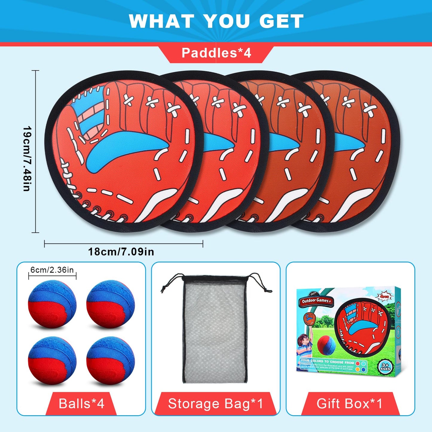 SNFAJOHE Toss and Catch Ball Game Set for Kids Ages 3-12, 4 Paddles & 4 Sticky Balls, Outdoor Baseball Training Toy for Backyard, Beach, Pool