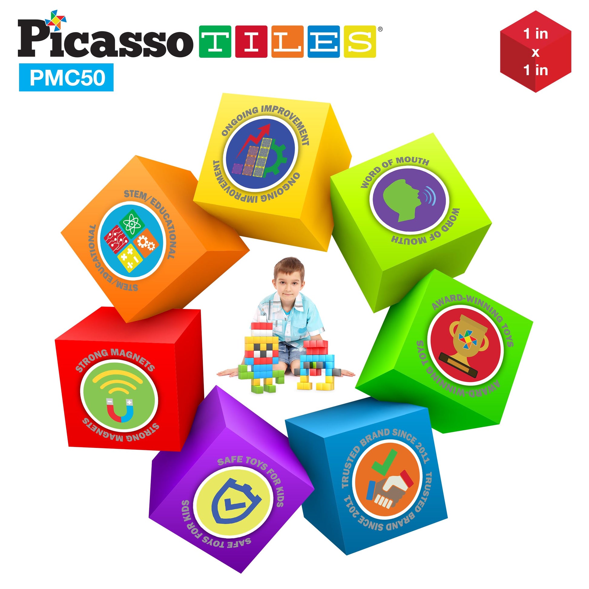 PicassoTiles Kids Pixel 1” Magnetic Puzzle Cube Mix & Match with Free Ideabook Sensory Toys STEAM Learning Building Block Magnets Construction Toy Set