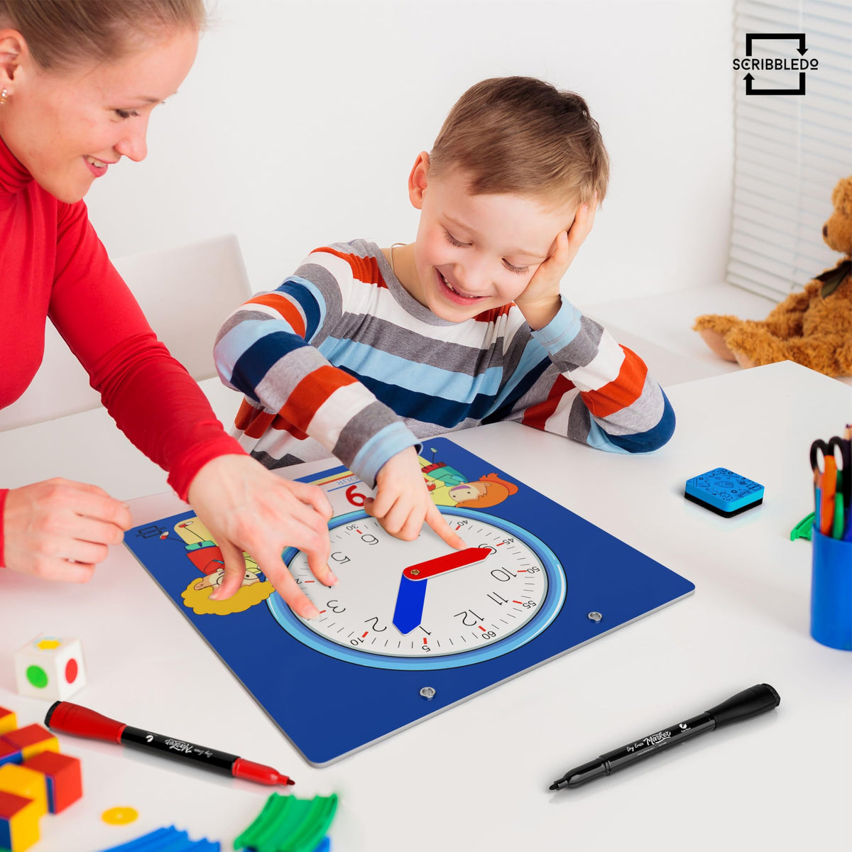 Scribbledo Writable Dry Erase Learning Clock for Kids Write & Wipe Demonstration Clock for Kids Learning to Tell Time Classrooms and Homeschool