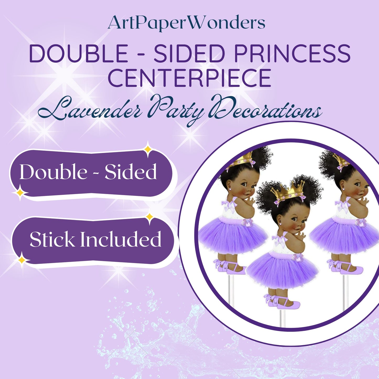 Little Lavender Princess Table Decoration Centerpieces, Set of 3 African American Princess Royal Birthday Cake Centerpieces
