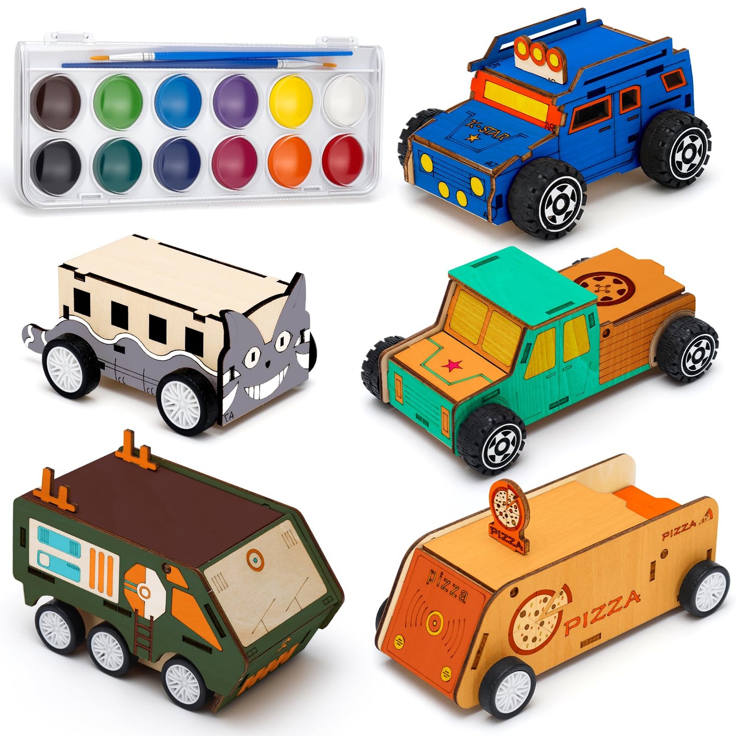Minyaluck 5 Wooden Cars Craft Kit-Build & Paint Your Own Wood Model Car Kit,Wooden Crafts,Wooden 3D Puzzles