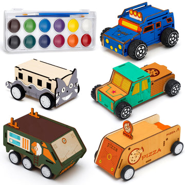 Minyaluck 5 Wooden Cars Craft Kit-Build & Paint Your Own Wood Model Car Kit,Wooden Crafts,Wooden 3D Puzzles
