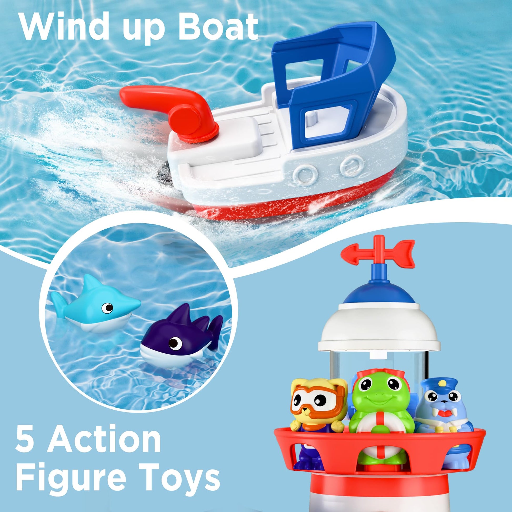 iPlay, iLearn Bath Toys for Toddlers 2-4, Kids Lighthouse Bathtub Shower Toy Set, Wind up Swimming Boat, Baby Bathtime Floating Fish Water Play, Fun