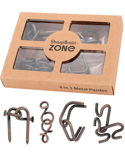 4-in-1 Puzzle Grey Twist Set by Sharp Brain Zone - Premium Metal Brain Teaser Collection, Durable Iron Puzzle Games for Stress Relief, Focus