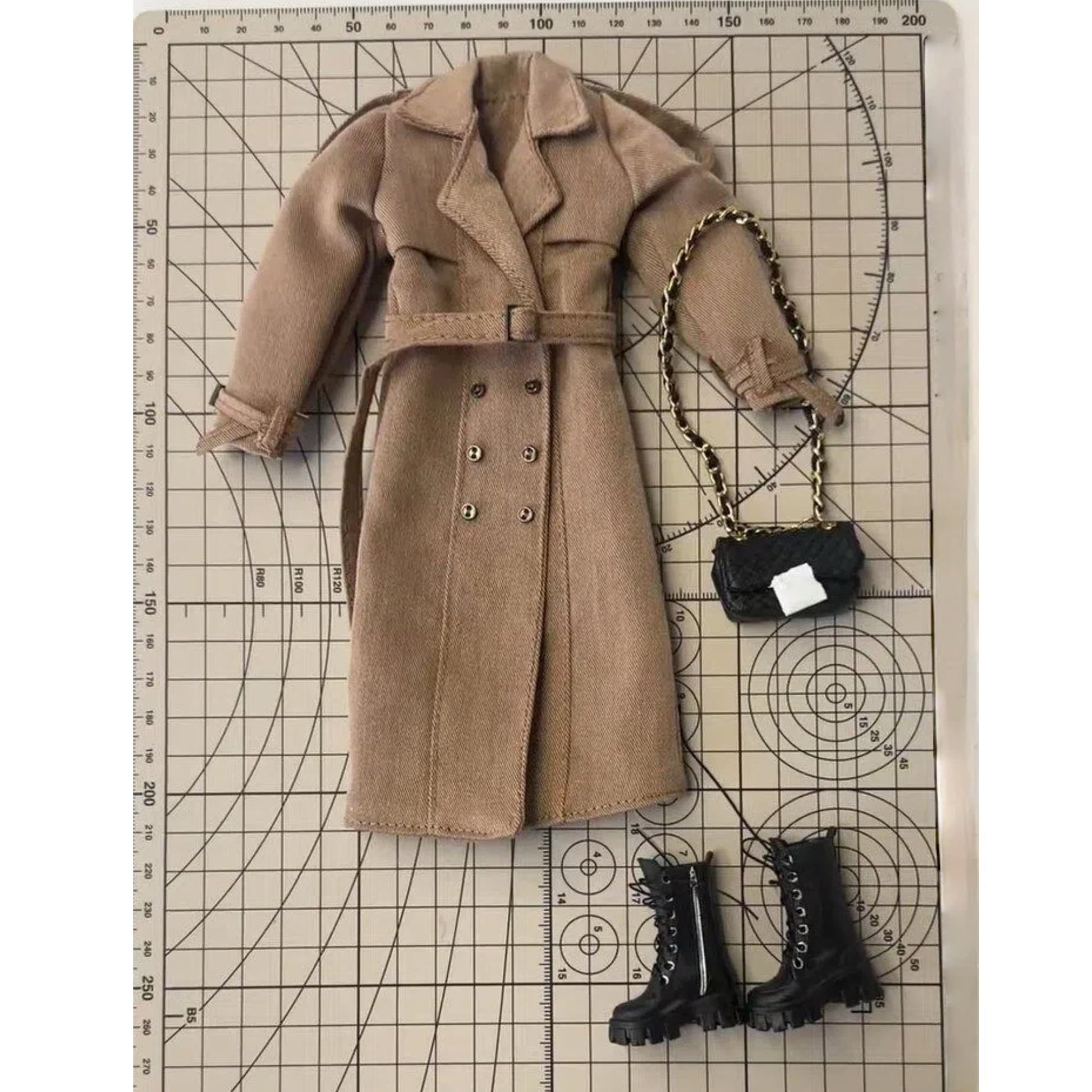Classic Trench Coat Outfit Set for 11.5-12 Inch Fashion Collectible-Doll, Khaki Double-Breasted Coat with Belt, Quilted Handbag, Black Lace-Up Ankle