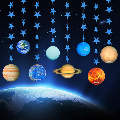 Solar System Decoration Banner, Eight Planet Garland with Blue Shimmer Star
