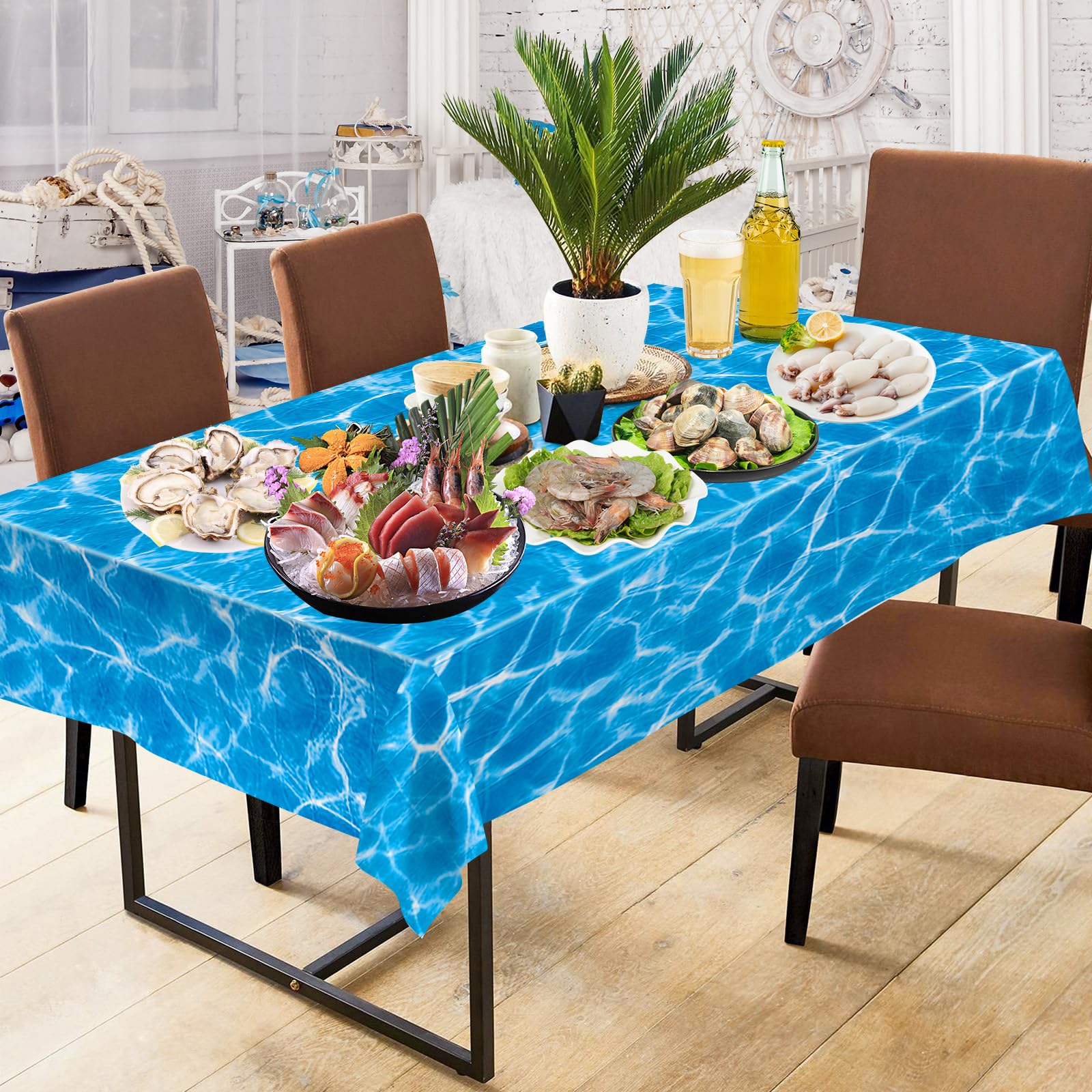 3 Pieces Ocean Tablecloth - Under The Sea Ocean Waves Table Cloths, Plastic Rectangle Blue Water Print Table Cover for Beach Pool Birthday Party