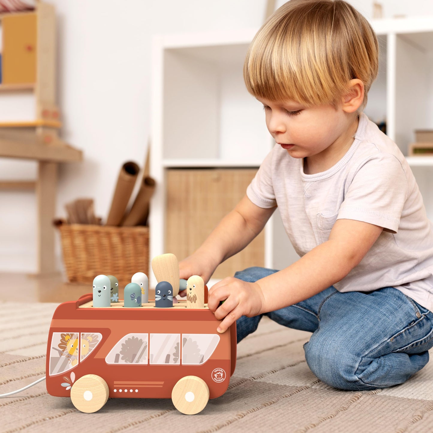 Speedy Monkey Bus Pounding Bench, Pull-Along Bus with Hammering Activity, 8 Wooden Characters, Enhances Hand-Eye Coordination, Safe Design, Non-Toxic