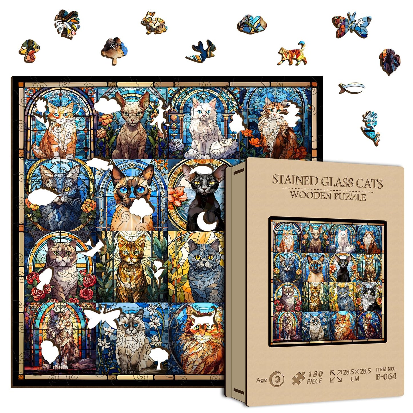 Cat Wooden Puzzles for Adults 180 Pieces, Stained Glass Puzzle,Colorful Kitty Kitten Collage, Hard Difficult Impossible Challenging Jigsaw Puzzles