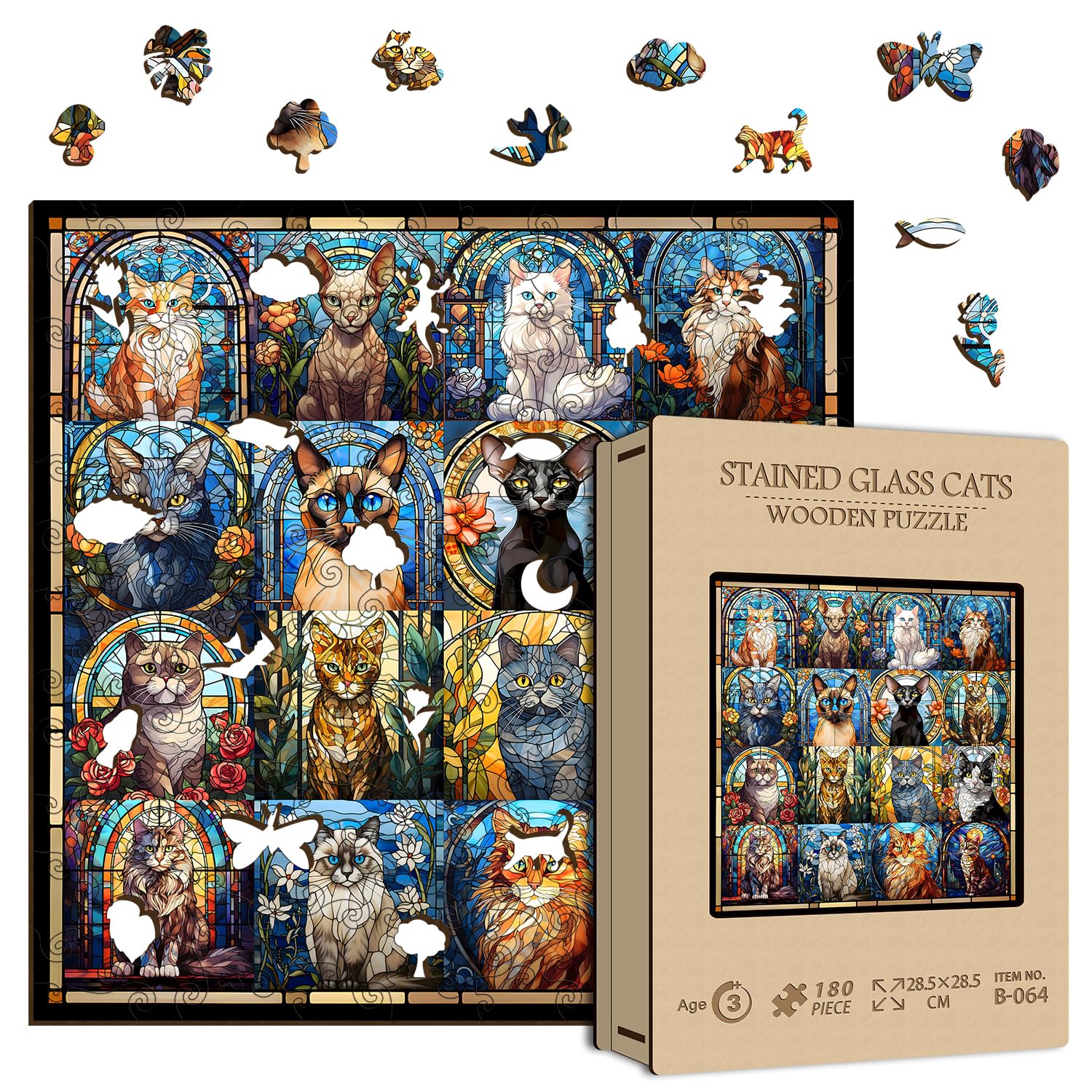 Cat Wooden Puzzles for Adults 180 Pieces, Stained Glass Puzzle,Colorful Kitty Kitten Collage, Hard Difficult Impossible Challenging Jigsaw Puzzles