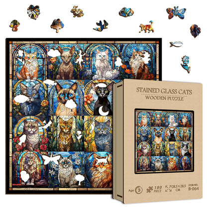Cat Wooden Puzzles for Adults 180 Pieces, Stained Glass Puzzle,Colorful Kitty Kitten Collage, Hard Difficult Impossible Challenging Jigsaw Puzzles