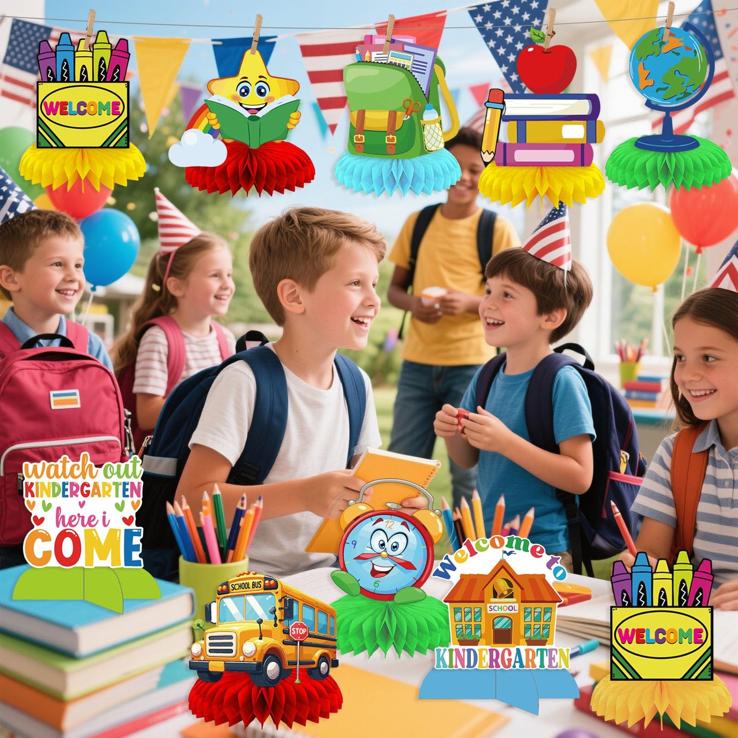 9PCS First Day of Kindergarten Decorations - Back to School Kindergarten Watch Out Kindergarten Here I Come Centerpiece Welcome to Kindergarten Table