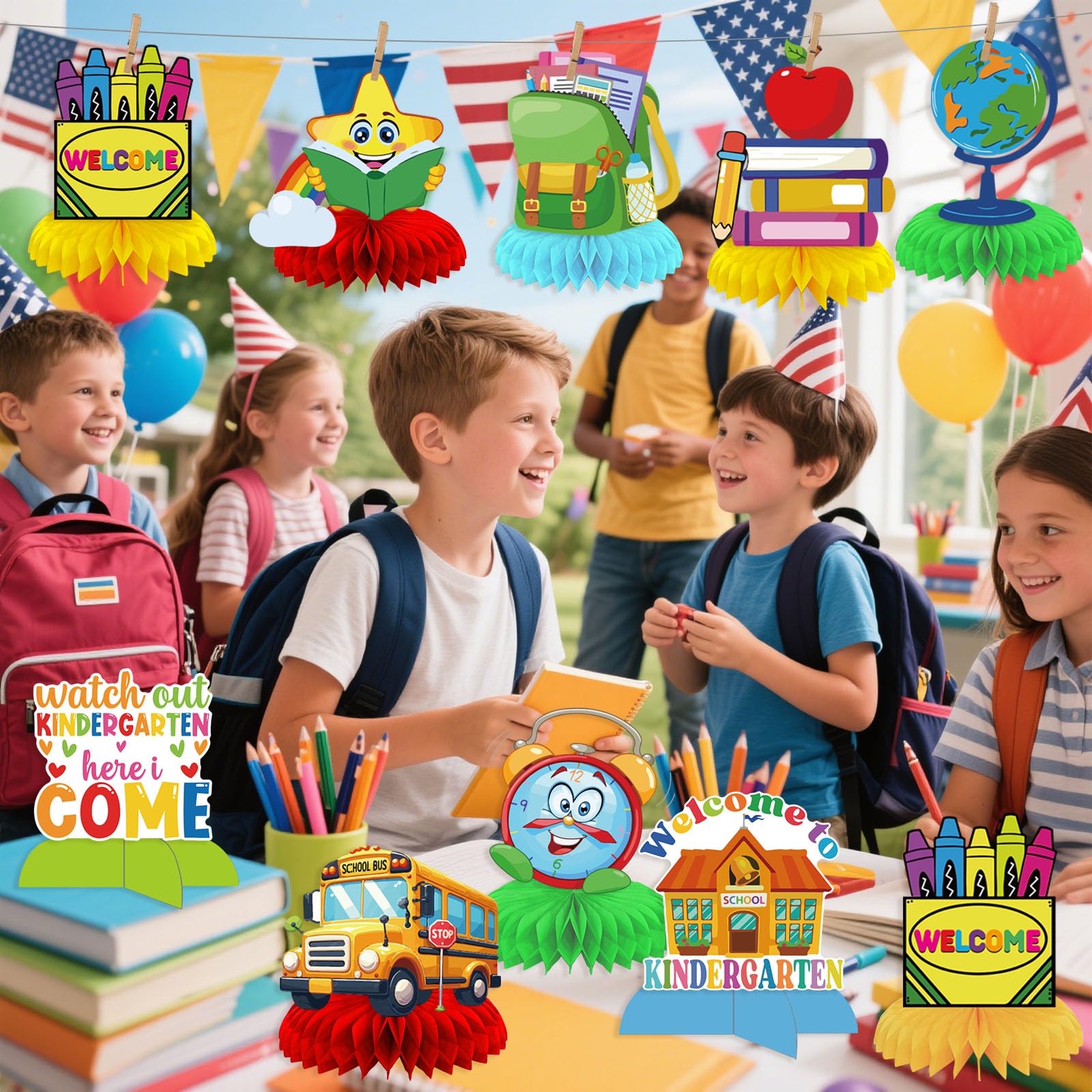 9PCS First Day of Kindergarten Decorations - Back to School Kindergarten Watch Out Kindergarten Here I Come Centerpiece Welcome to Kindergarten Table