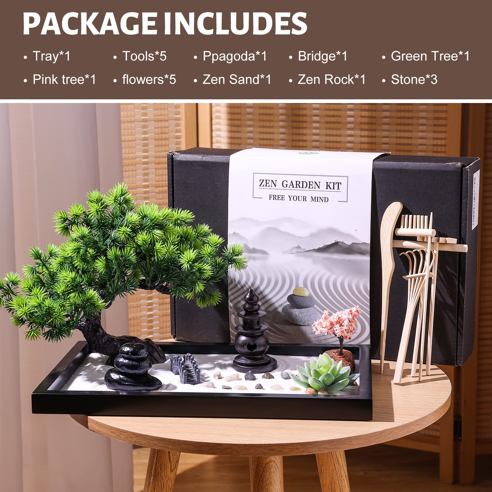Zen Garden Kit for Desk Decor - Premium Beautiful Japanese Mini Sand Box Set Home, Office with Black Wooden Tray, White Sand, Rake Tools Desktop