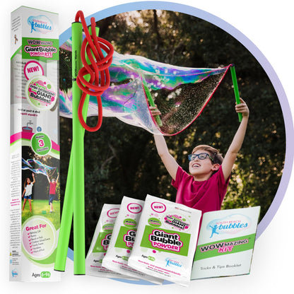 WOWmazing Giant Bubble Powder Kit: Include Large Bubble Wand and 3 Packet of Big Bubble Powder (Makes 3 Gallons) | Outdoor Toy for Kids, Boys, Girls |