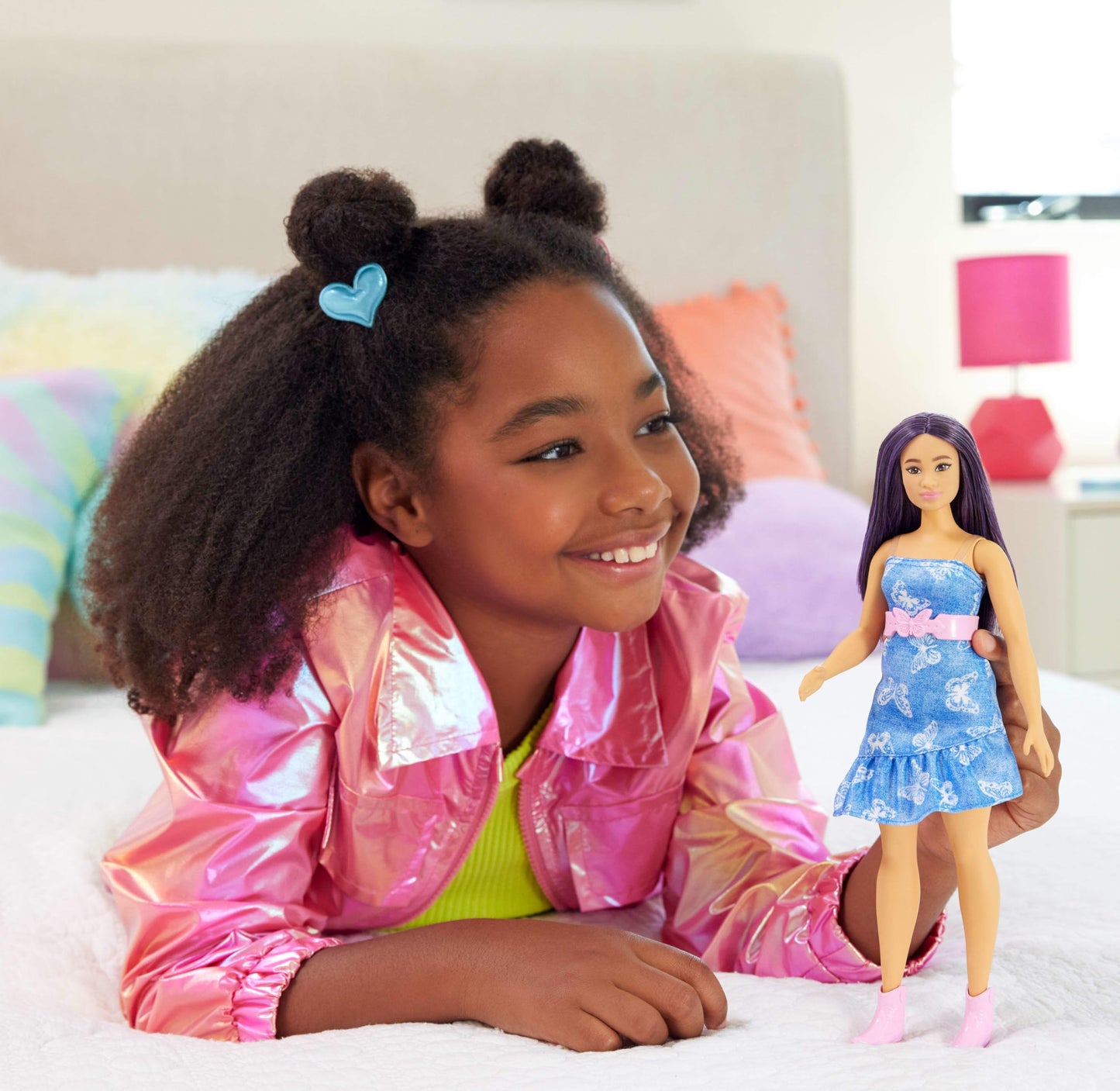 Barbie Fashionistas Doll #231 with Purple Hair, Wearing Strapless Denim Butterfly-Print Dress with Pink Belt and Boots