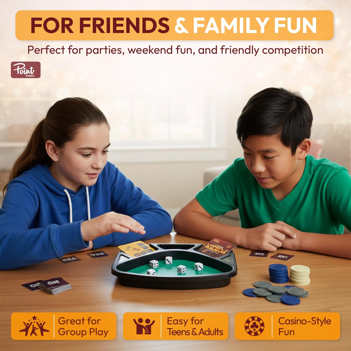 Point Games Poker Deluxe Dice Set - Fast Strategy Tabletop Game for Kids & Adults, Includes Rolling Tray, 5 Dice, 36 Challenge Cards & 114 Chips, Ages