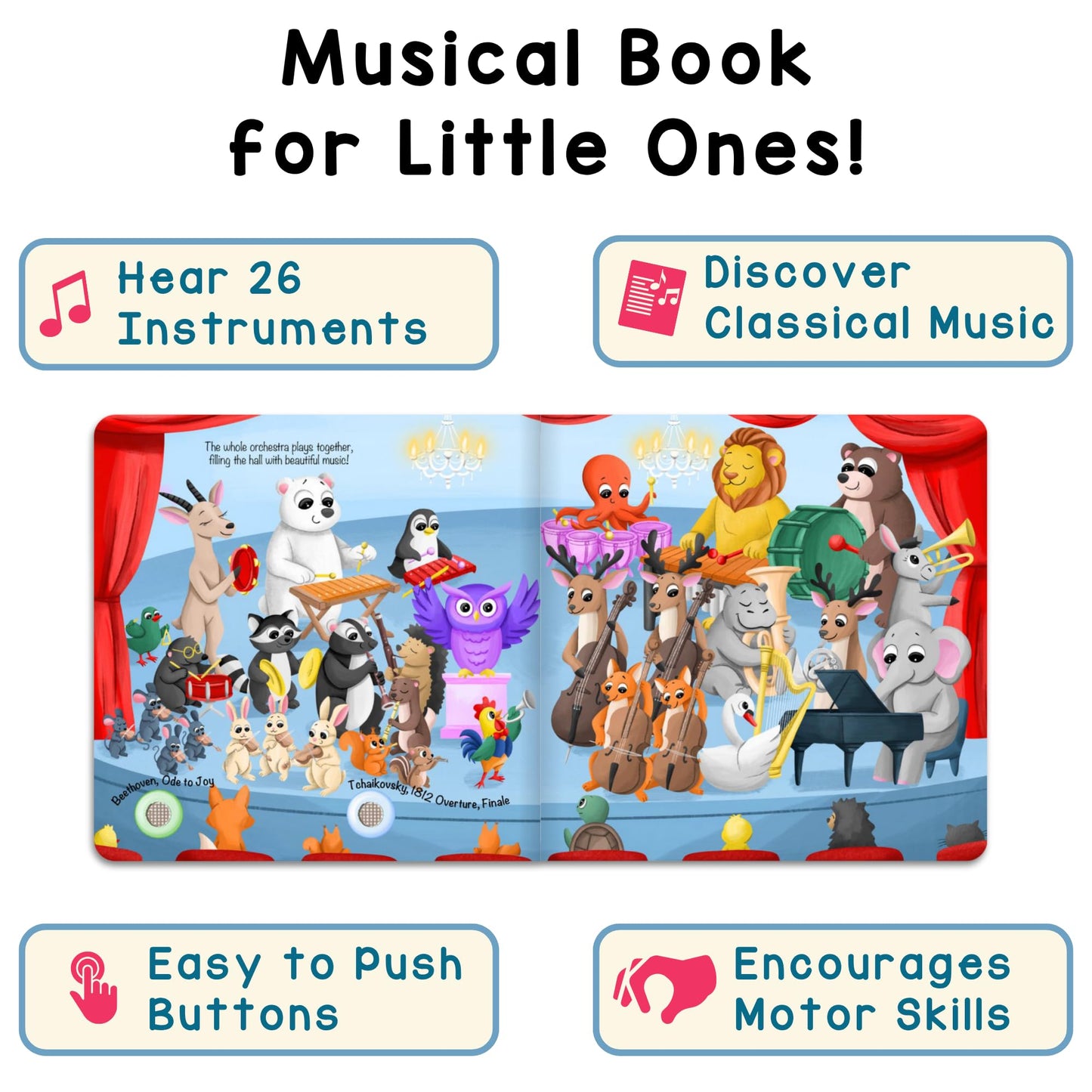LITTLE MAESTRO Discover the Orchestra - 28 Instrument Sounds and Classical Pieces, Musical Books for Toddlers, 28-Button Music Book, Musical Toys