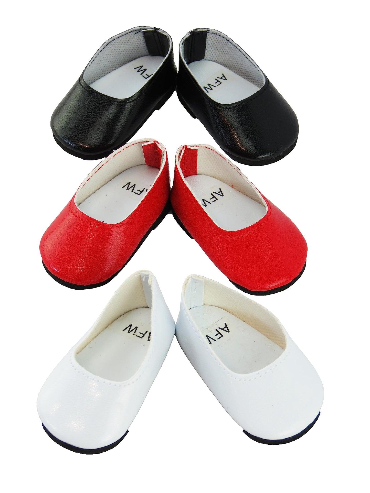 American Fashion World Red, White, and Black Flats for 18-Inch Dolls | 3 Pack | Premium Quality & Trendy Design | Dolls Shoes | Shoe Fashion for Dolls