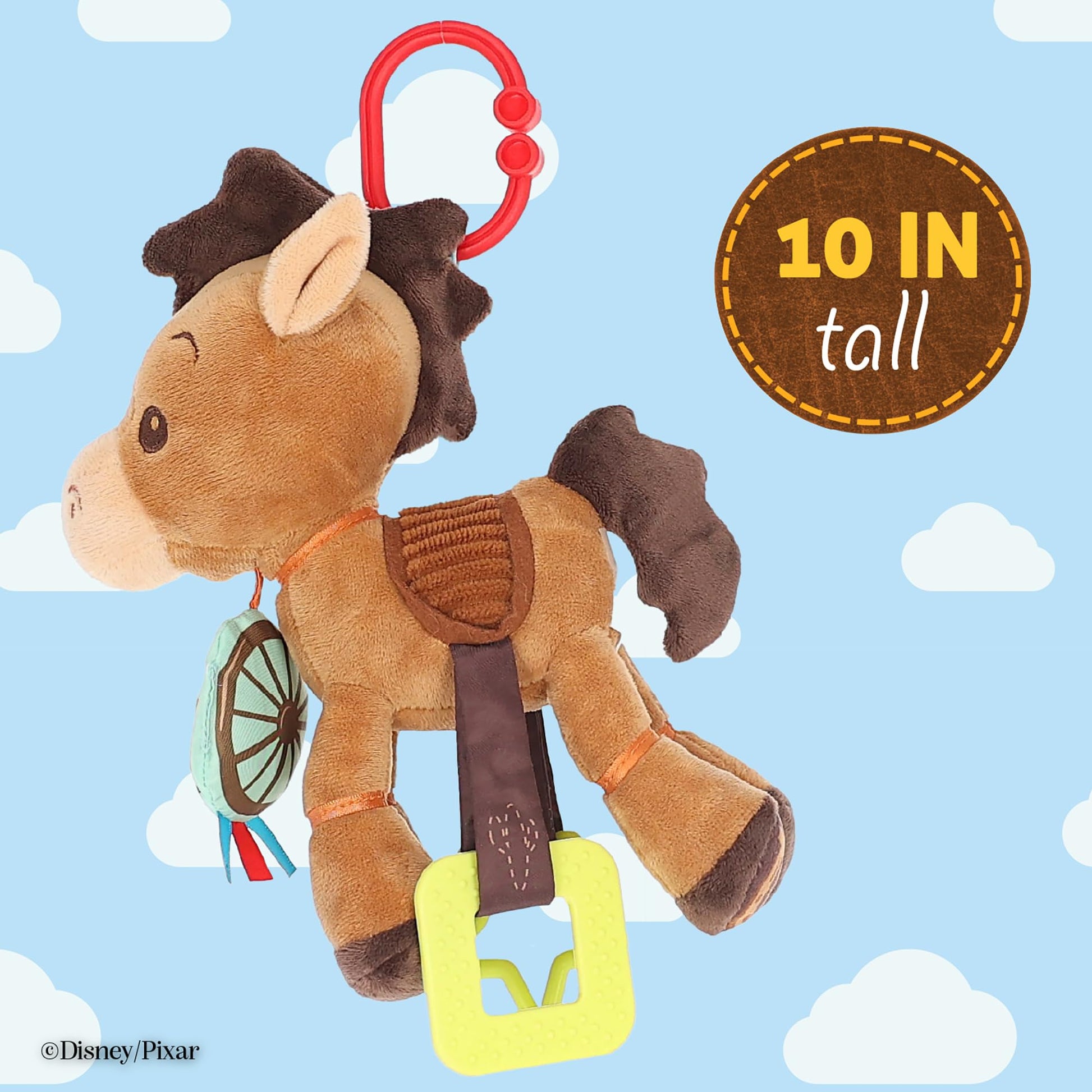 Disney Toy Story Bullseye Activity Toy - Plush Baby Sensory Toy with Teethers, Rattle, Crinkle Textures and On the Go Clip for Infants and Toddlers