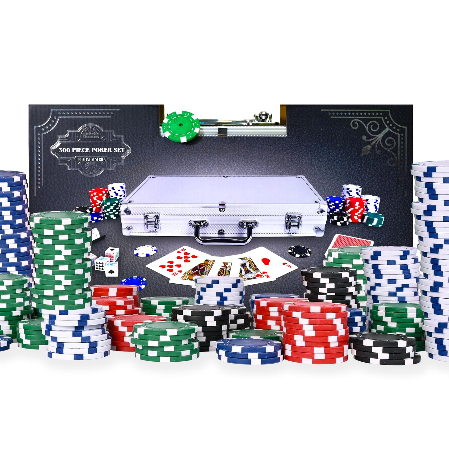 Elbow Room Games 300 Piece Poker Set, Includes Colored Chips, Dice, Dealer and Blind Chips, Deck of Cards in a Carrying Case