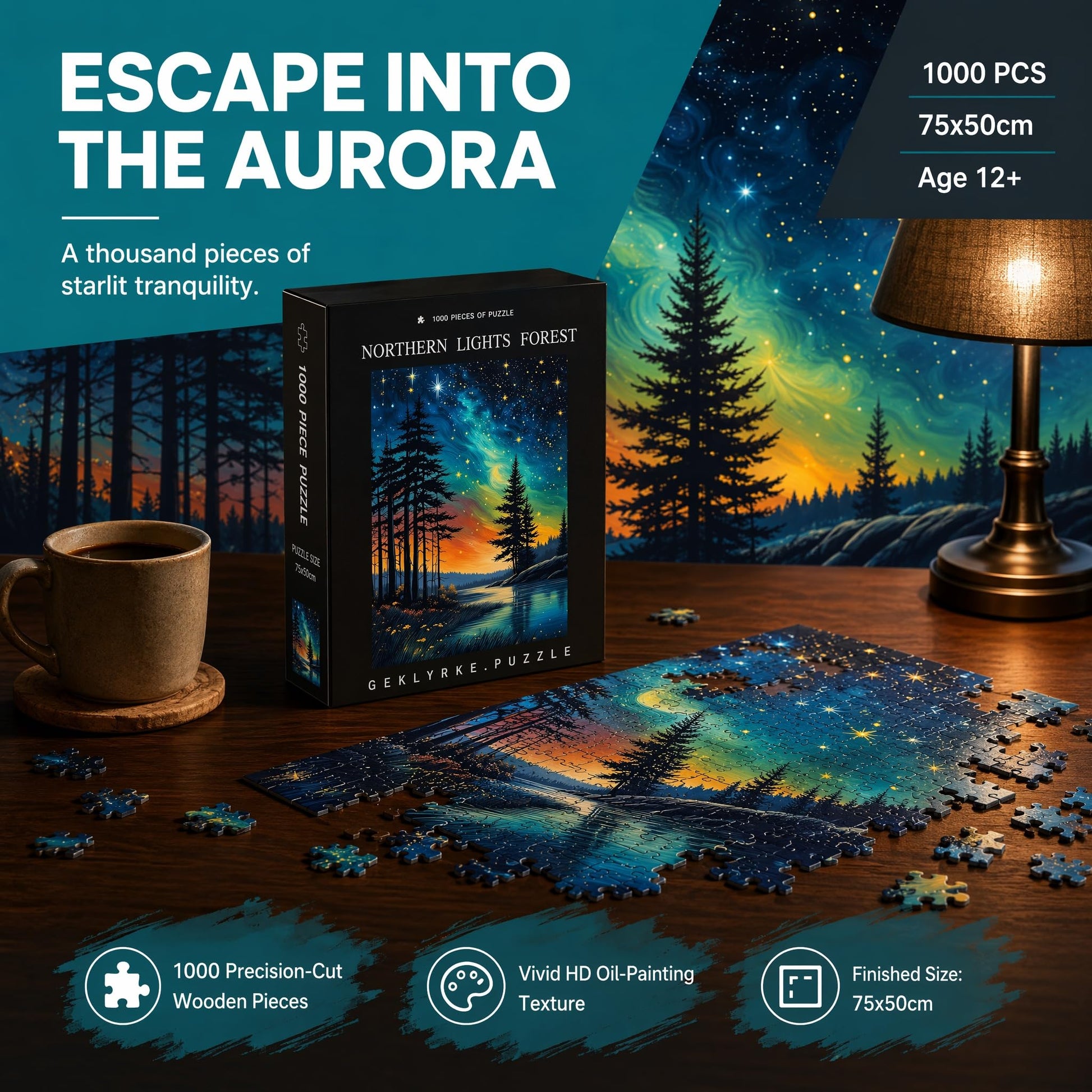 1000 Piece Wooden Jigsaw Puzzles for Adults - Northern Lights Forest