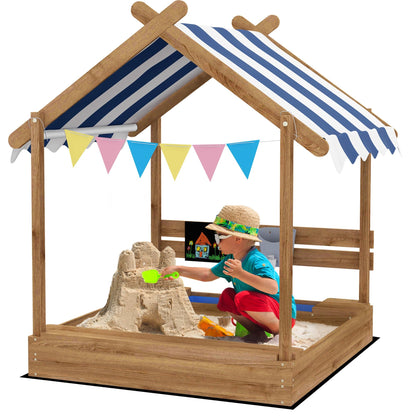 Outsunny Wooden Sandbox with Canopy for 3-7 Years Old 49"x46"x57.5" Brown