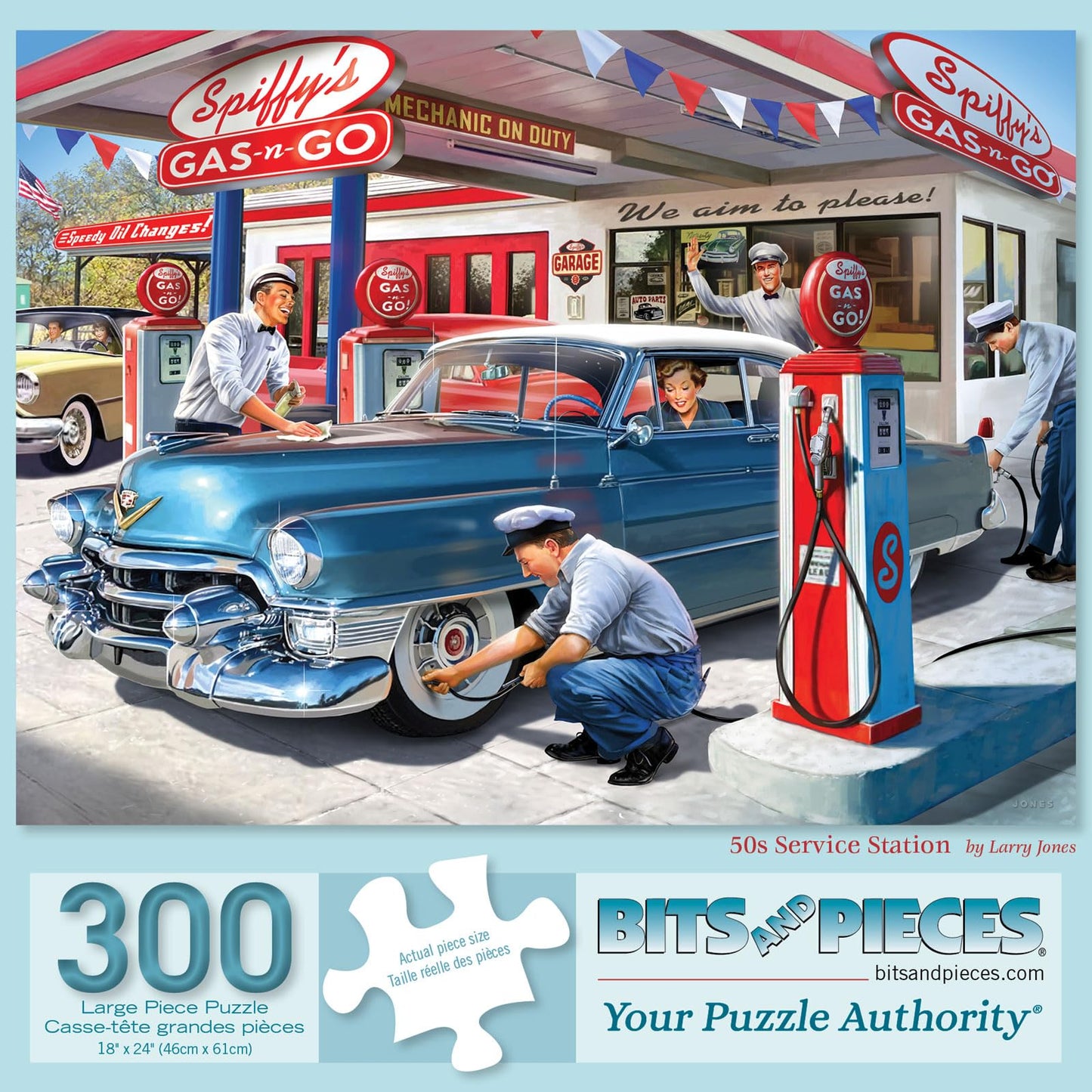 Bits and Pieces 300 Piece Puzzles for Adults 300 Large Pieces 15" x 19" Jigsaw Puzzles, Classic Cars Gas Station 1950s, Random Die Cut, No 2 Pieces